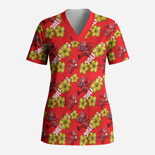 Dolphins Mascot Scrub Top Tropical Hibiscus Floral Seamless Rugby Mascot
