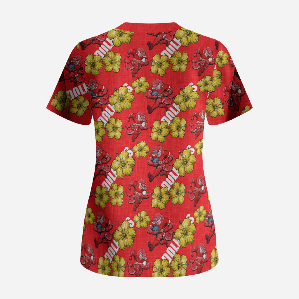 Dolphins Mascot Scrub Top Tropical Hibiscus Floral Seamless Rugby Mascot