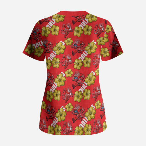 Dolphins Mascot Scrub Top Tropical Hibiscus Floral Seamless Rugby Mascot