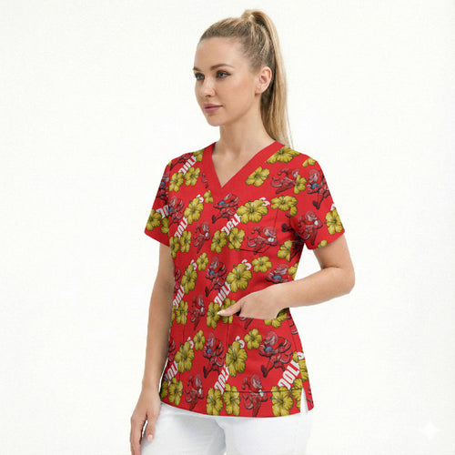 Dolphins Mascot Scrub Top Tropical Hibiscus Floral Seamless Rugby Mascot