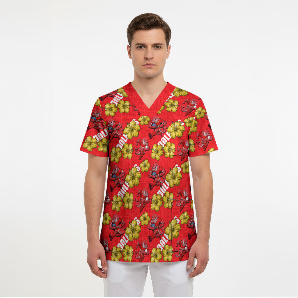 Dolphins Mascot Scrub Top Tropical Hibiscus Floral Seamless Rugby Mascot
