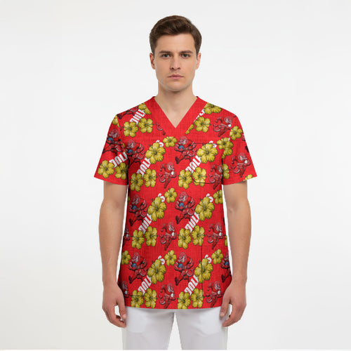 Dolphins Mascot Scrub Top Tropical Hibiscus Floral Seamless Rugby Mascot