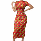 Dolphins Mascot Short Sleeve Bodycon Dress Tropical Hibiscus Floral Seamless Rugby Mascot