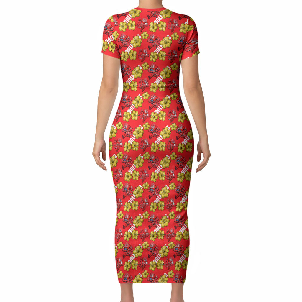Dolphins Mascot Short Sleeve Bodycon Dress Tropical Hibiscus Floral Seamless Rugby Mascot