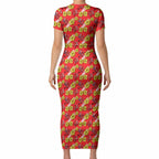 Dolphins Mascot Short Sleeve Bodycon Dress Tropical Hibiscus Floral Seamless Rugby Mascot