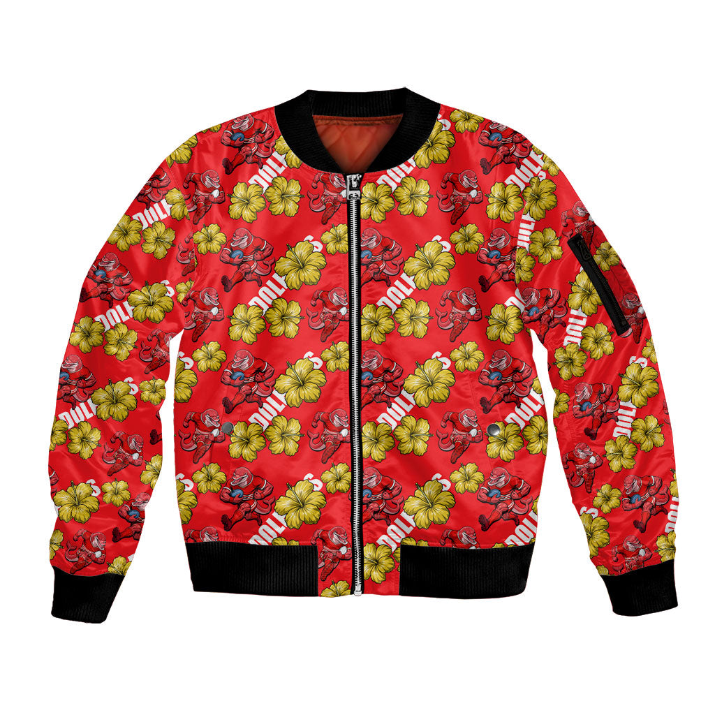 Dolphins Mascot Sleeve Zip Bomber Jacket Tropical Hibiscus Floral Seamless Rugby Mascot