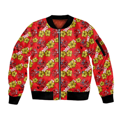Dolphins Mascot Sleeve Zip Bomber Jacket Tropical Hibiscus Floral Seamless Rugby Mascot