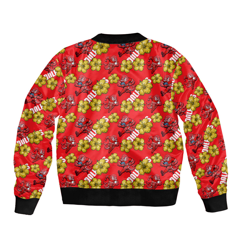 Dolphins Mascot Sleeve Zip Bomber Jacket Tropical Hibiscus Floral Seamless Rugby Mascot