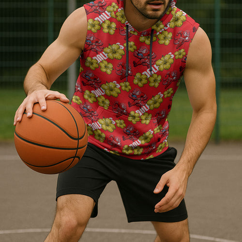 Dolphins Mascot Sleeveless Hoodie Tropical Hibiscus Floral Seamless Rugby Mascot
