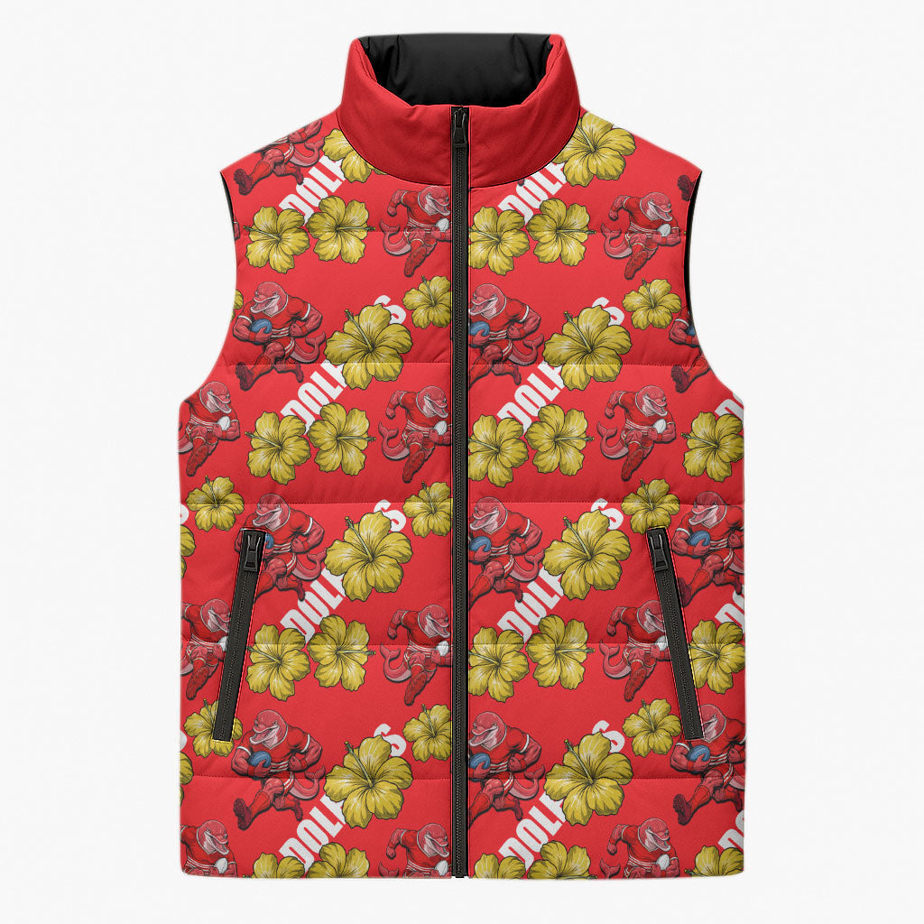 Dolphins Mascot Sleeveless Puffer Jacket Tropical Hibiscus Floral Seamless Rugby Mascot