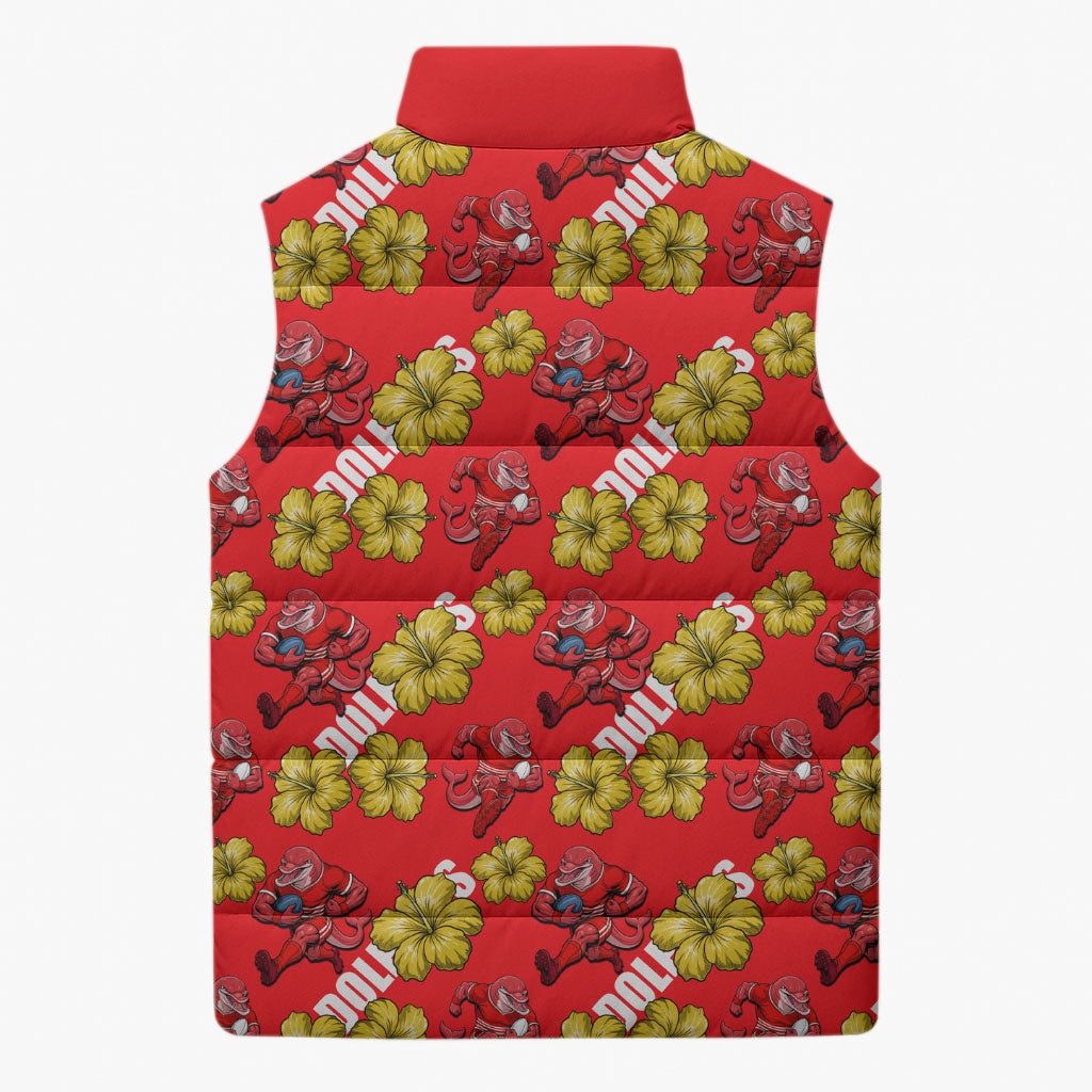 Dolphins Mascot Sleeveless Puffer Jacket Tropical Hibiscus Floral Seamless Rugby Mascot