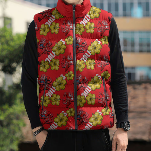 Dolphins Mascot Sleeveless Puffer Jacket Tropical Hibiscus Floral Seamless Rugby Mascot