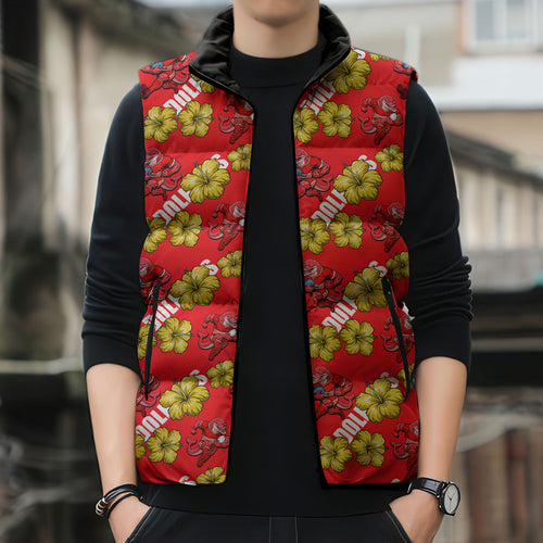 Dolphins Mascot Sleeveless Puffer Jacket Tropical Hibiscus Floral Seamless Rugby Mascot