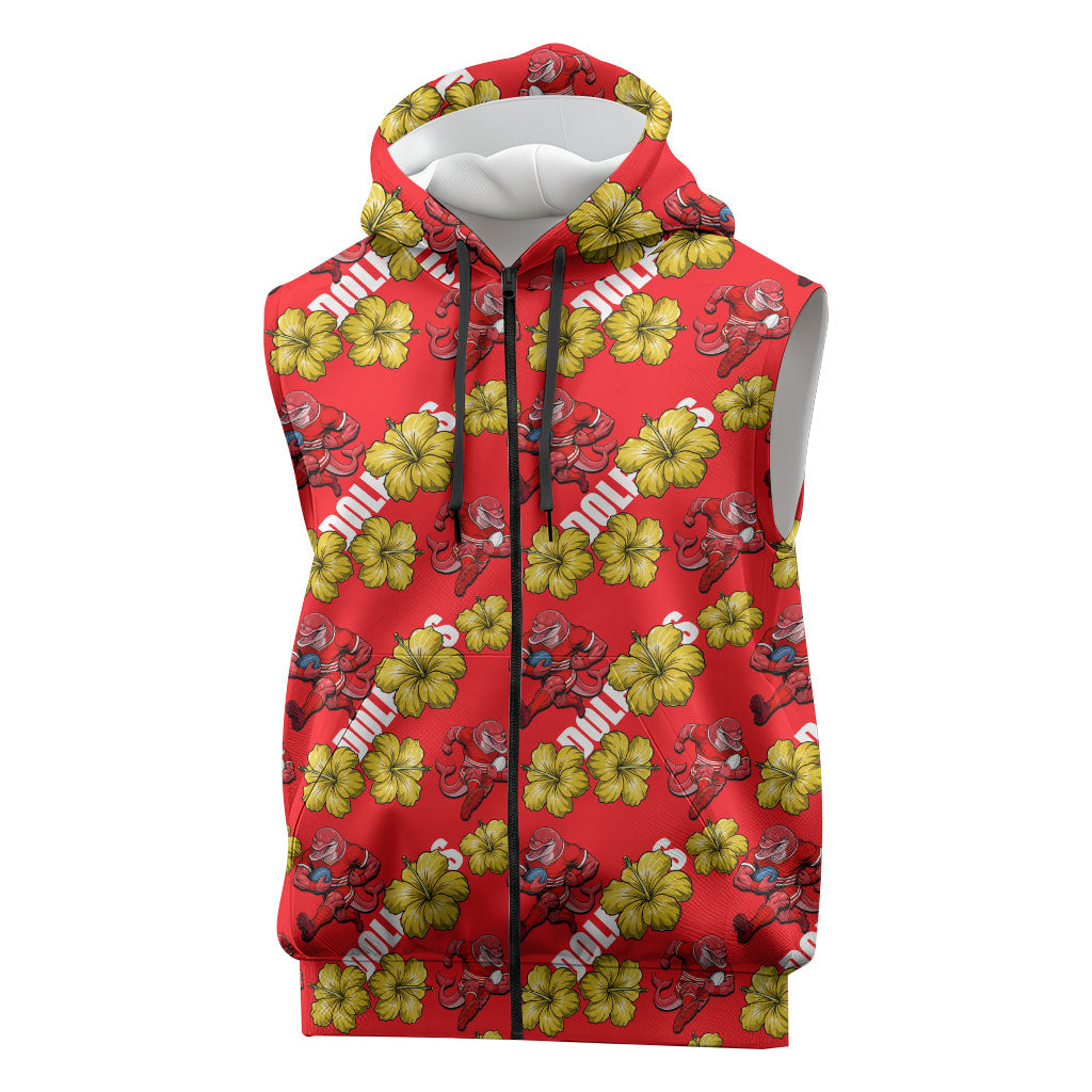 Dolphins Mascot Sleeveless Zip Hoodie Tropical Hibiscus Floral Seamless Rugby Mascot