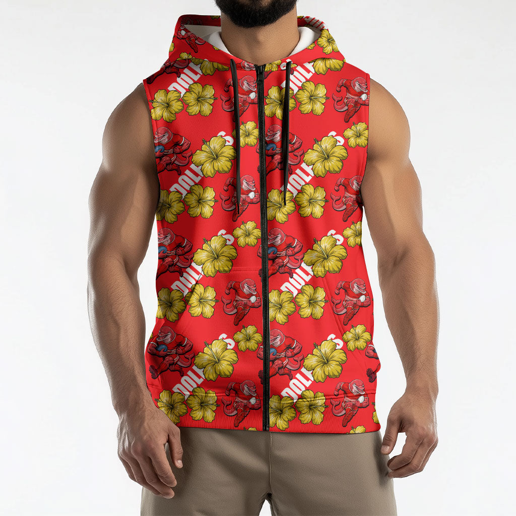 Dolphins Mascot Sleeveless Zip Hoodie Tropical Hibiscus Floral Seamless Rugby Mascot