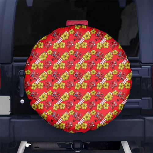 Dolphins Mascot Spare Tire Cover Tropical Hibiscus Floral Seamless Rugby Mascot