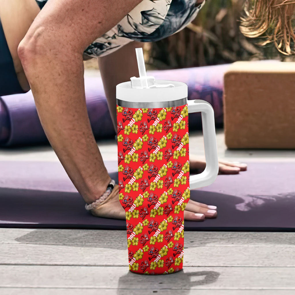 Dolphins Mascot Tumbler With Handle Tropical Hibiscus Floral Seamless Rugby Mascot