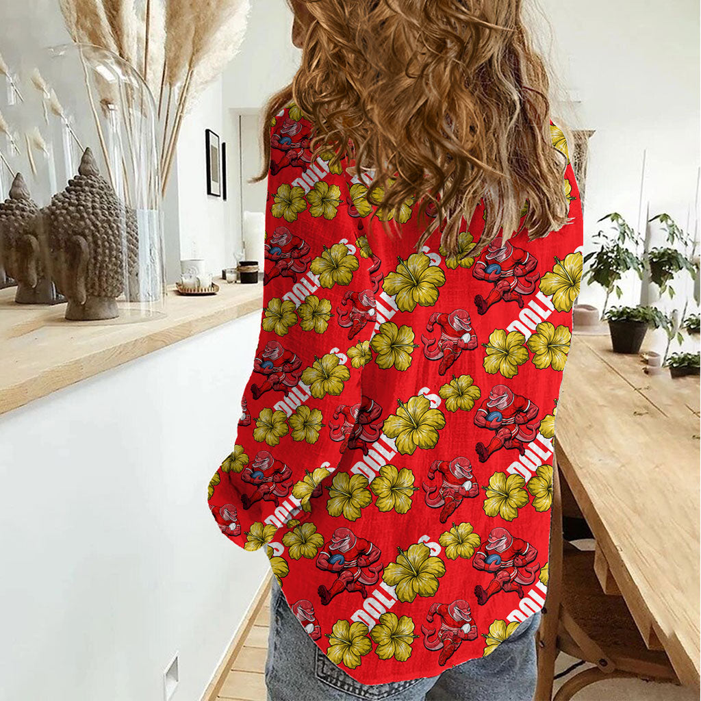 Dolphins Mascot Women Casual Shirt Tropical Hibiscus Floral Seamless Rugby Mascot