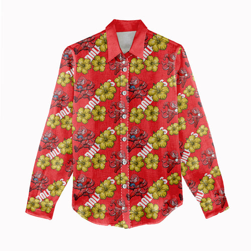Dolphins Mascot Women Casual Shirt Tropical Hibiscus Floral Seamless Rugby Mascot