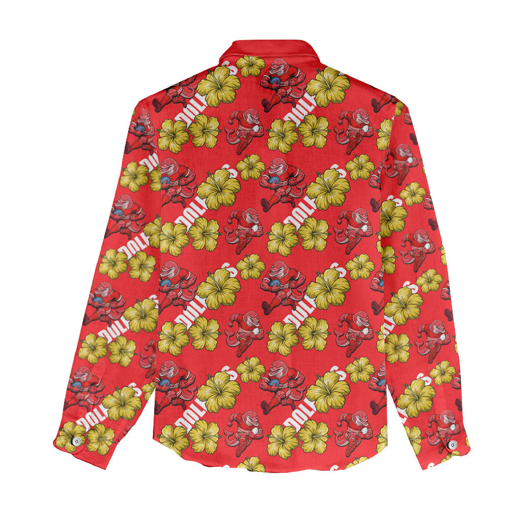 Dolphins Mascot Women Casual Shirt Tropical Hibiscus Floral Seamless Rugby Mascot