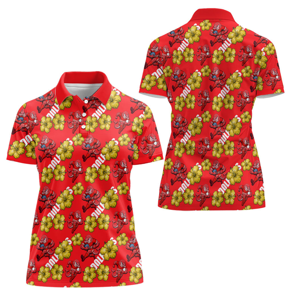 Dolphins Mascot Women Polo Shirt Tropical Hibiscus Floral Seamless Rugby Mascot