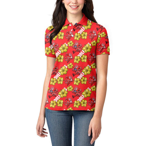 Dolphins Mascot Women Polo Shirt Tropical Hibiscus Floral Seamless Rugby Mascot