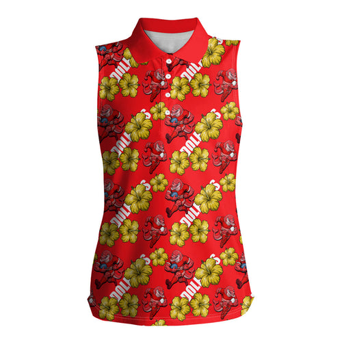 Dolphins Mascot Women Sleeveless Polo Shirt Tropical Hibiscus Floral Seamless Rugby Mascot