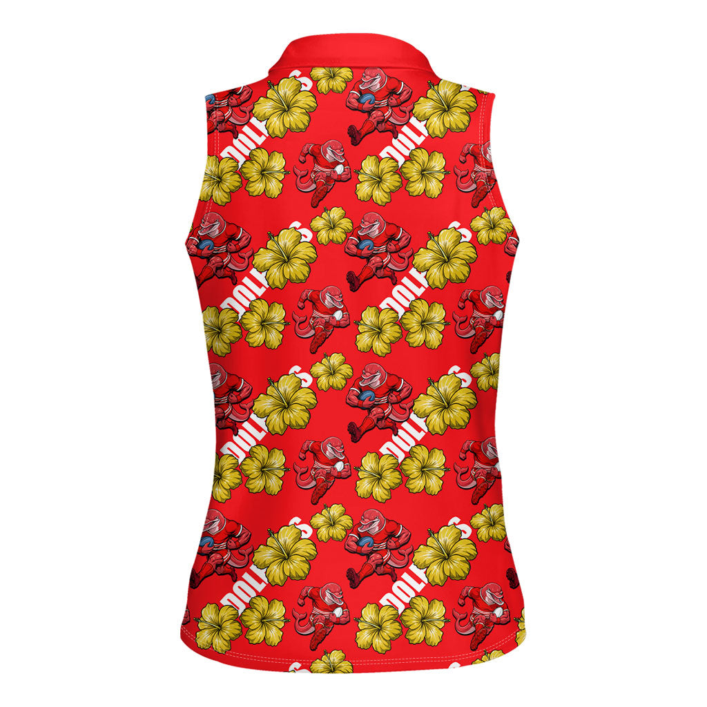 Dolphins Mascot Women Sleeveless Polo Shirt Tropical Hibiscus Floral Seamless Rugby Mascot