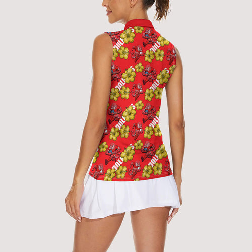 Dolphins Mascot Women Sleeveless Polo Shirt Tropical Hibiscus Floral Seamless Rugby Mascot