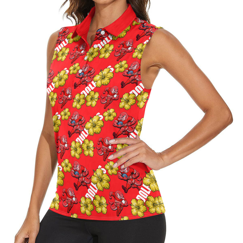 Dolphins Mascot Women Sleeveless Polo Shirt Tropical Hibiscus Floral Seamless Rugby Mascot