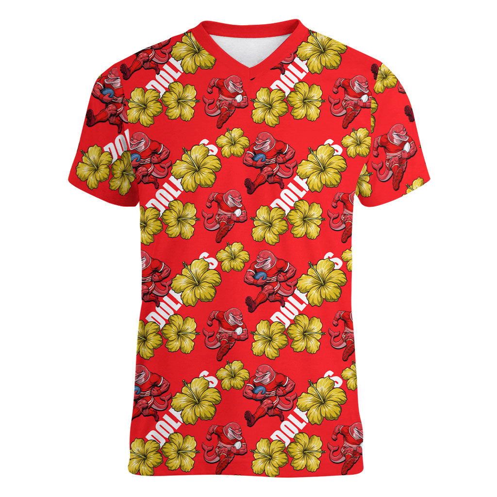 Dolphins Mascot Women V-Neck T-Shirt Tropical Hibiscus Floral Seamless Rugby Mascot