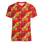 Dolphins Mascot Women V-Neck T-Shirt Tropical Hibiscus Floral Seamless Rugby Mascot