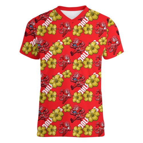 Dolphins Mascot Women V-Neck T-Shirt Tropical Hibiscus Floral Seamless Rugby Mascot