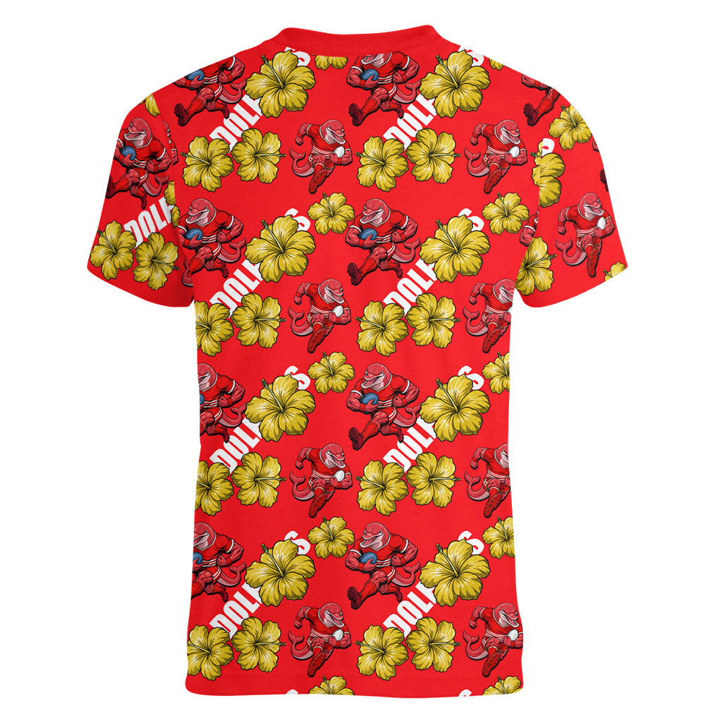 Dolphins Mascot Women V-Neck T-Shirt Tropical Hibiscus Floral Seamless Rugby Mascot