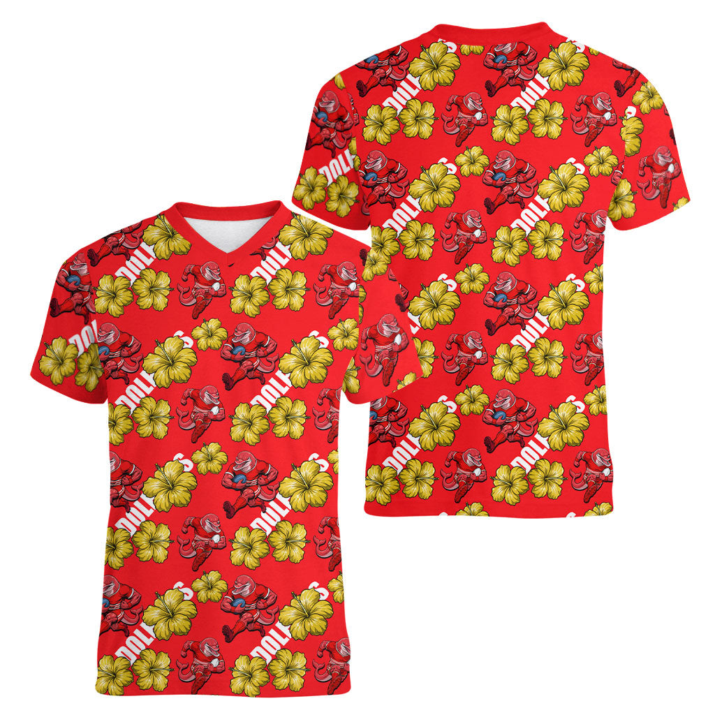 Dolphins Mascot Women V-Neck T-Shirt Tropical Hibiscus Floral Seamless Rugby Mascot