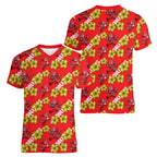 Dolphins Mascot Women V-Neck T-Shirt Tropical Hibiscus Floral Seamless Rugby Mascot
