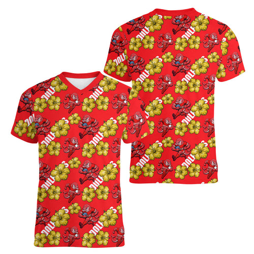Dolphins Mascot Women V-Neck T-Shirt Tropical Hibiscus Floral Seamless Rugby Mascot
