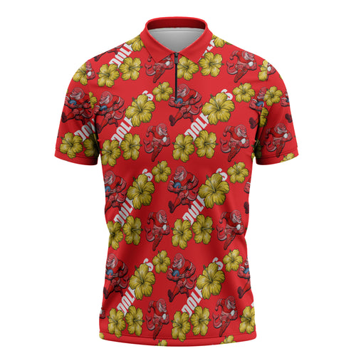 Dolphins Mascot Zipper Polo Shirt Tropical Hibiscus Floral Seamless Rugby Mascot