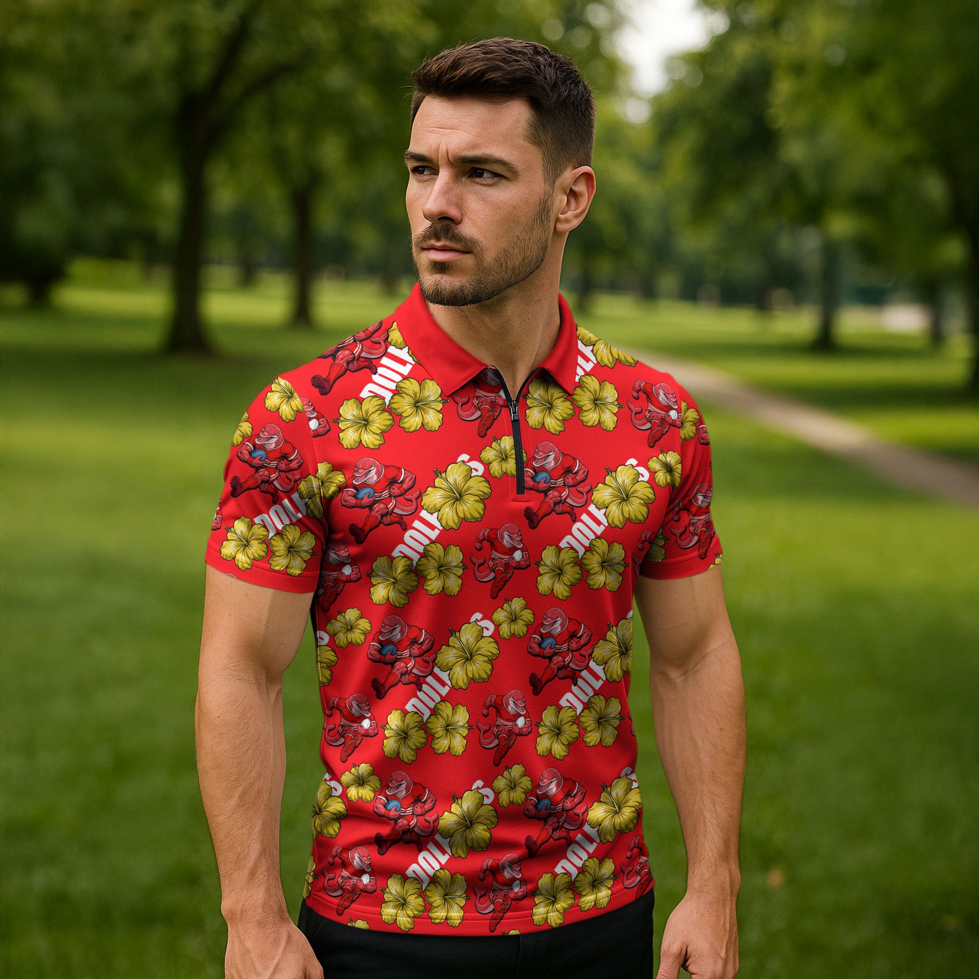 Dolphins Mascot Zipper Polo Shirt Tropical Hibiscus Floral Seamless Rugby Mascot