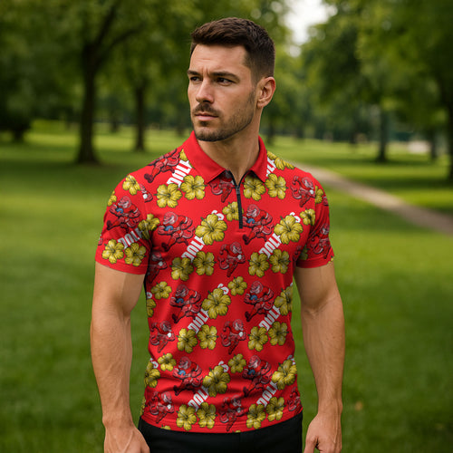 Dolphins Mascot Zipper Polo Shirt Tropical Hibiscus Floral Seamless Rugby Mascot