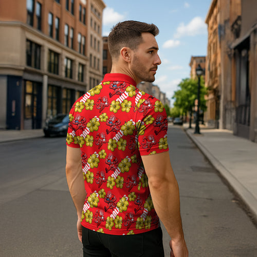 Dolphins Mascot Zipper Polo Shirt Tropical Hibiscus Floral Seamless Rugby Mascot