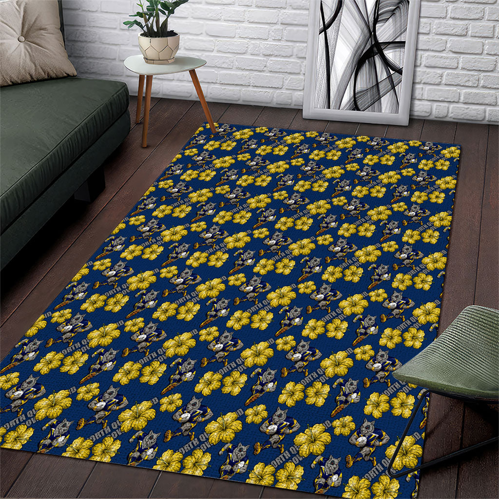 North Queensland Cowboys Area Rug Tropical Hibiscus Floral Seamless Rugby Mascot