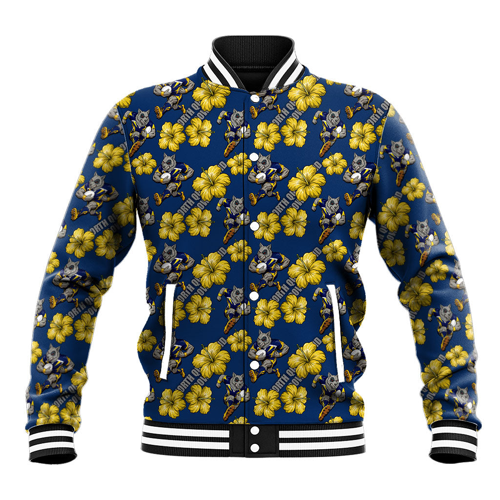 North Queensland Cowboys Baseball Jacket Tropical Hibiscus Floral Seamless Rugby Mascot