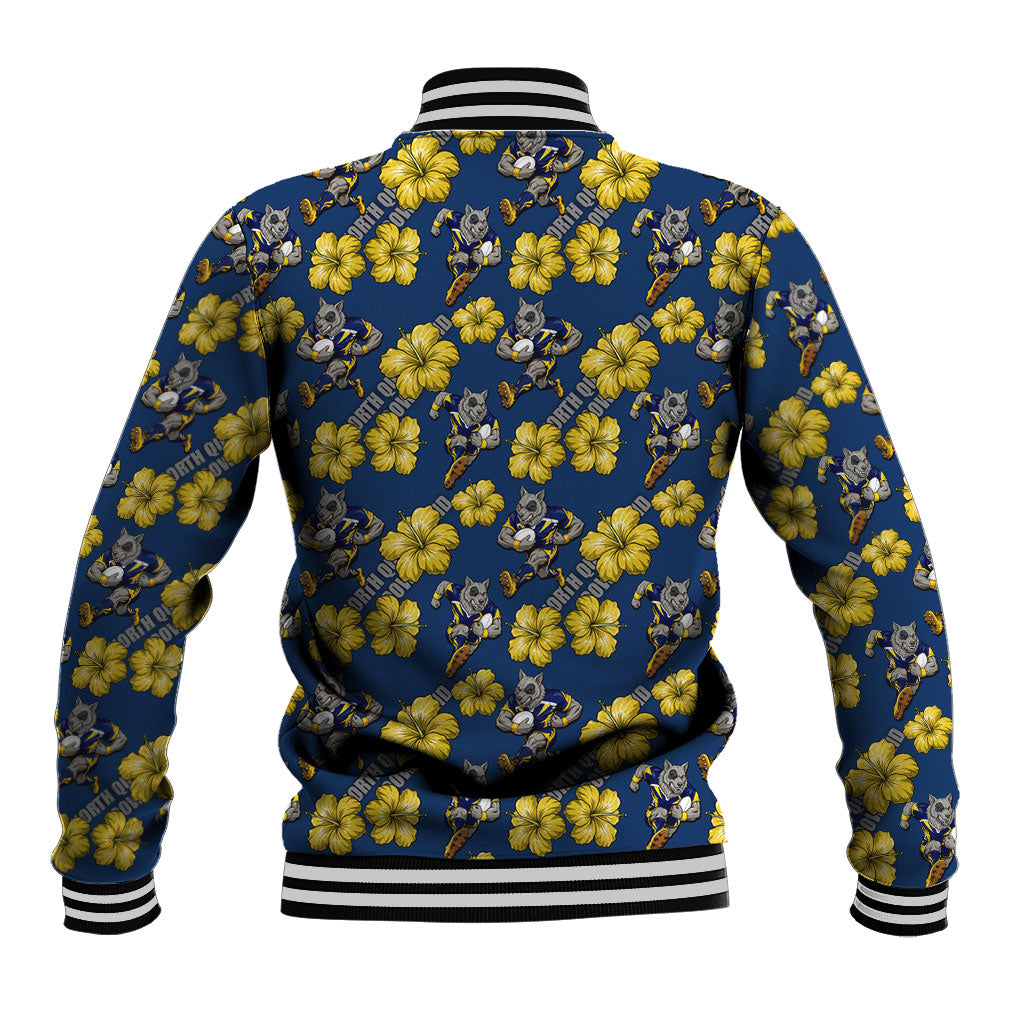 North Queensland Cowboys Baseball Jacket Tropical Hibiscus Floral Seamless Rugby Mascot