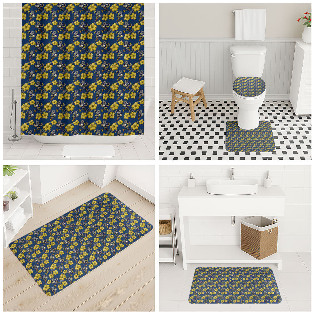 North Queensland Cowboys Bathroom Set Tropical Hibiscus Floral Seamless Rugby Mascot