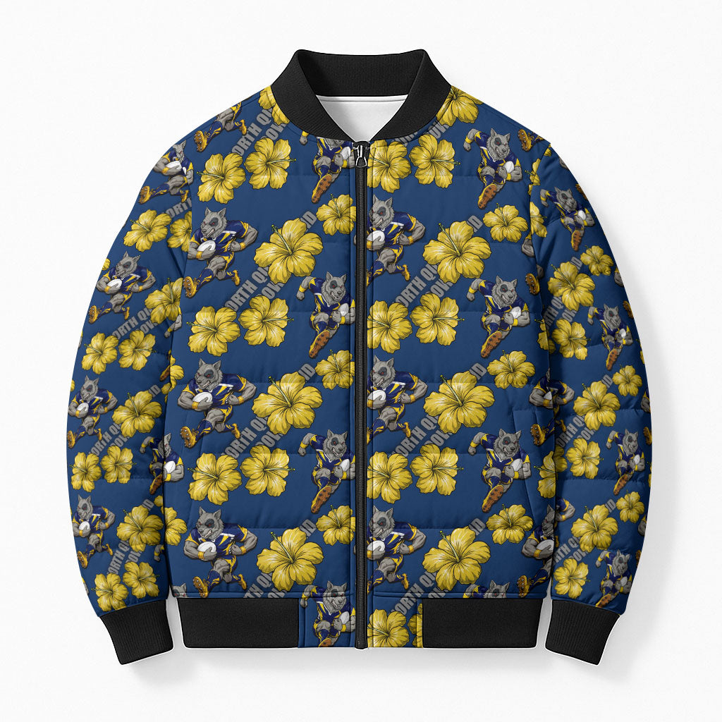North Queensland Cowboys Bomber Puffer Jacket Tropical Hibiscus Floral Seamless Rugby Mascot