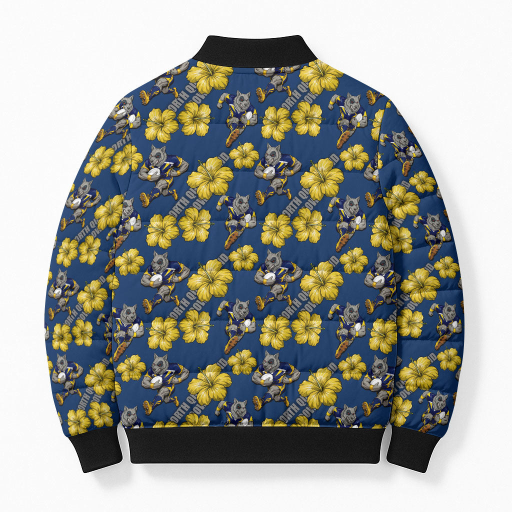 North Queensland Cowboys Bomber Puffer Jacket Tropical Hibiscus Floral Seamless Rugby Mascot