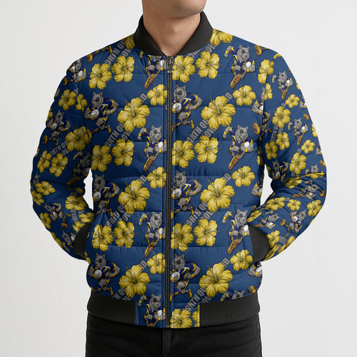 North Queensland Cowboys Bomber Puffer Jacket Tropical Hibiscus Floral Seamless Rugby Mascot
