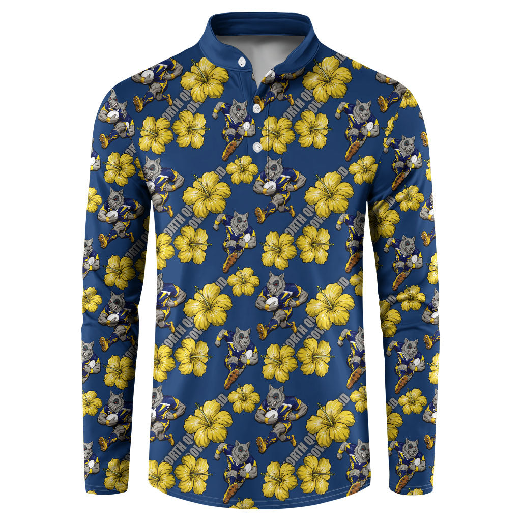 North Queensland Cowboys Button Sweatshirt Tropical Hibiscus Floral Seamless Rugby Mascot