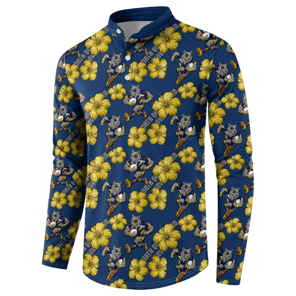 North Queensland Cowboys Button Sweatshirt Tropical Hibiscus Floral Seamless Rugby Mascot